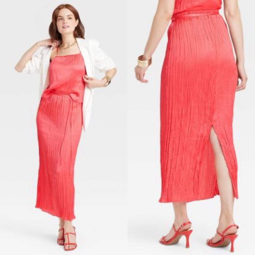 A New Day Pink Crinkle Satin Midi Skirt Size Large